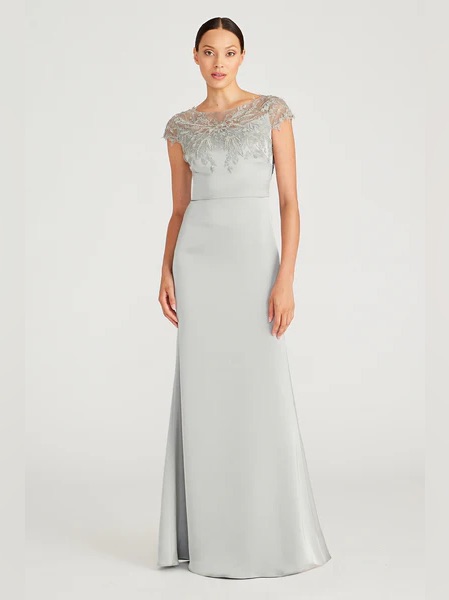 Theia Cosette Silver Lace-Embellished Maxi Gown